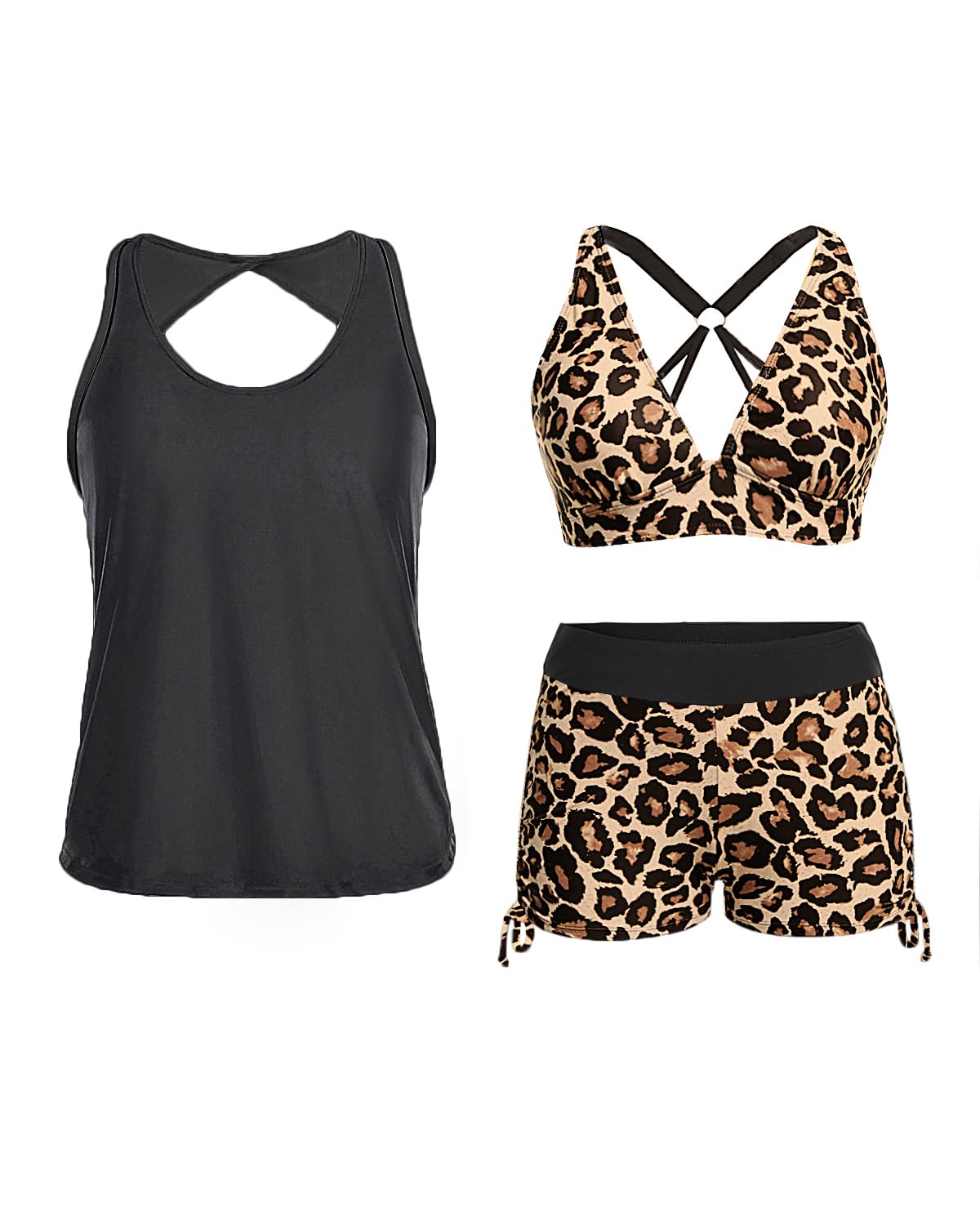 Yonique 3 Piece Tankini Swimsuits for Women Swim Tank Top Bathing Suits with Boy Shorts and Bra Athletic Swimwear