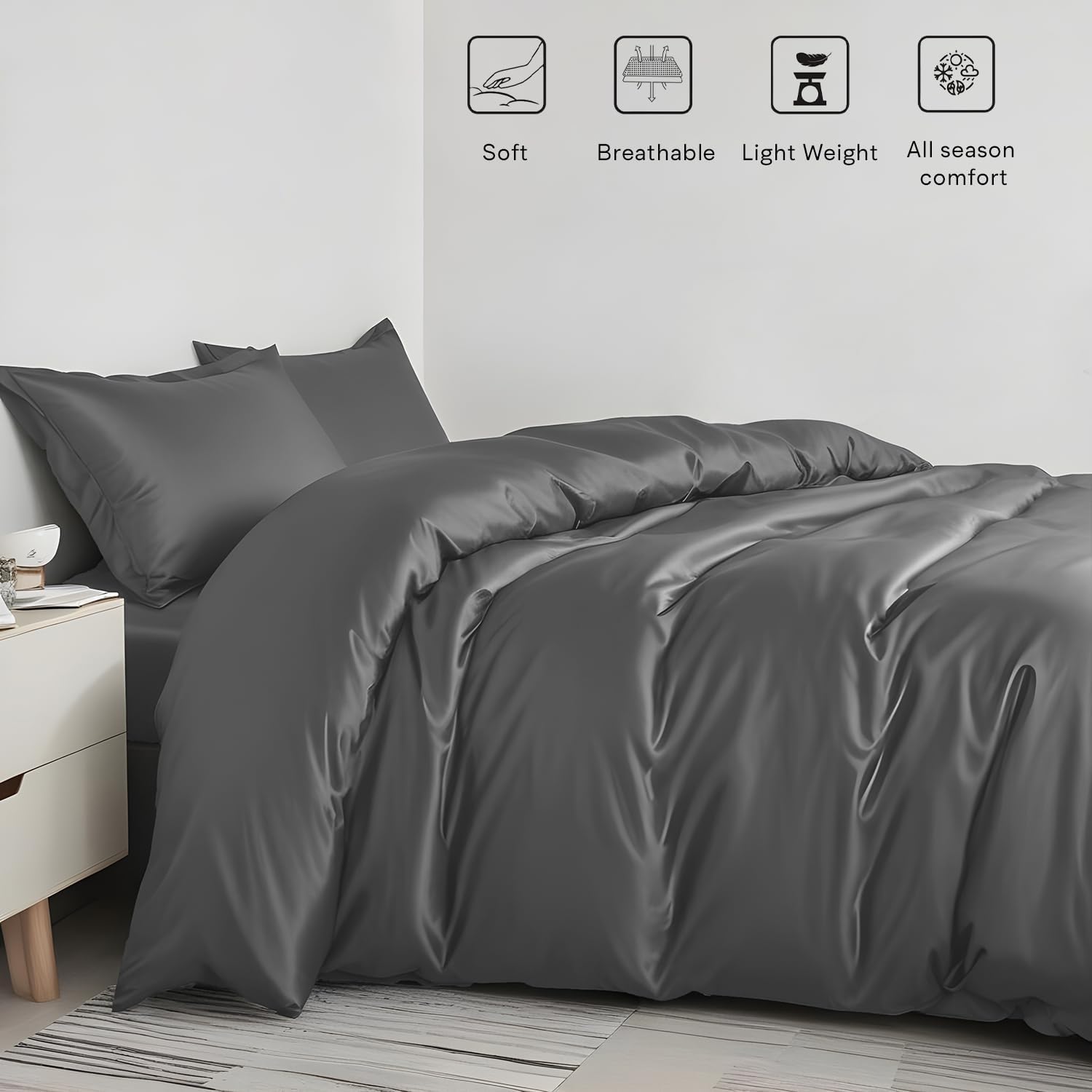 Linenwalas Tencel Lyocell Duvet Cover Set, Eucalyptus Cooling Lightweight Silk Comforter Cover Set with Zipper Closure & Corner Ties (Light Grey, Queen)
