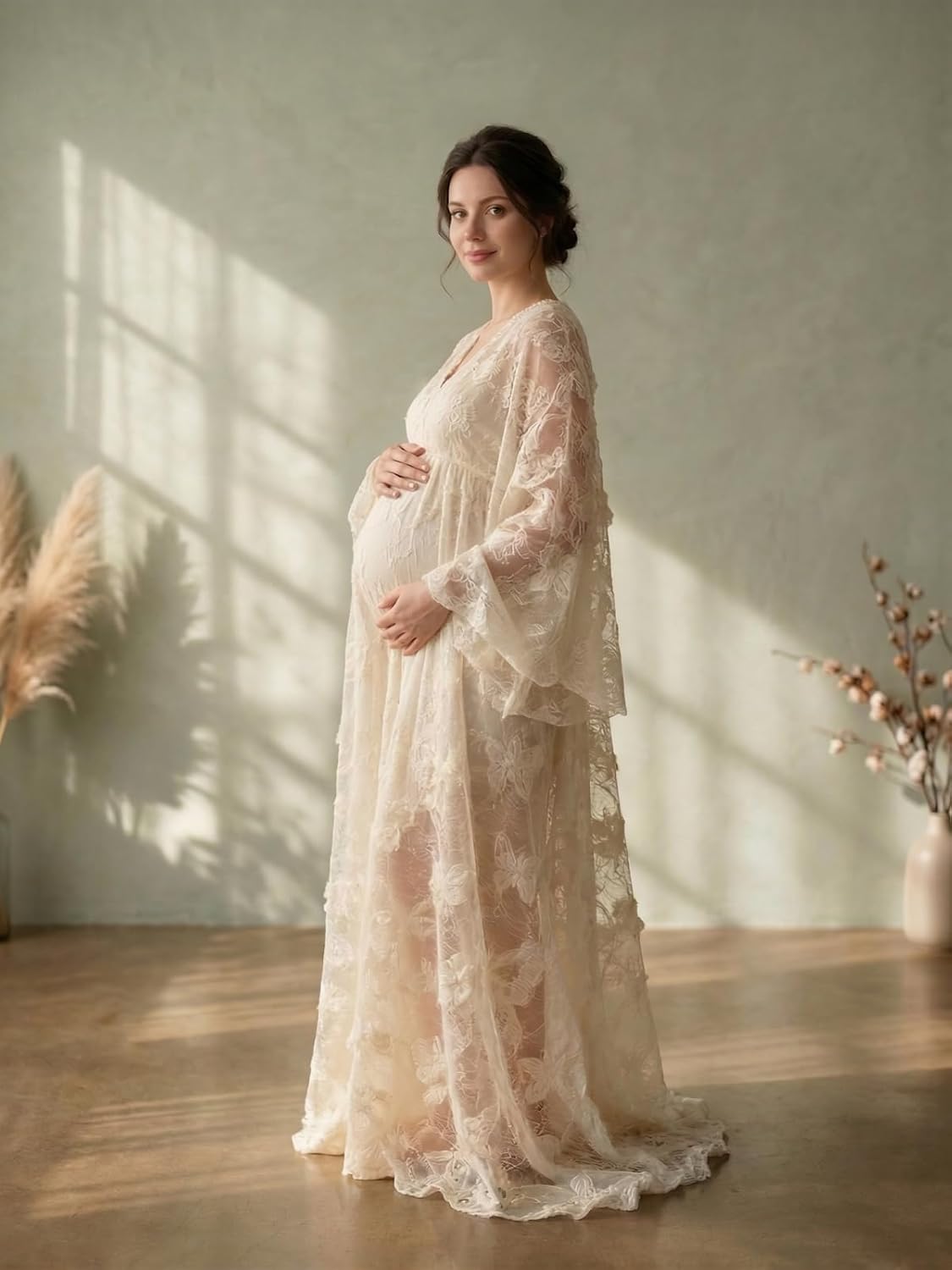 3D Butterfly Tulle Maternity Photoshoot Dress for Women 2026 V Neck Long Sleeve Baby Shower Dress