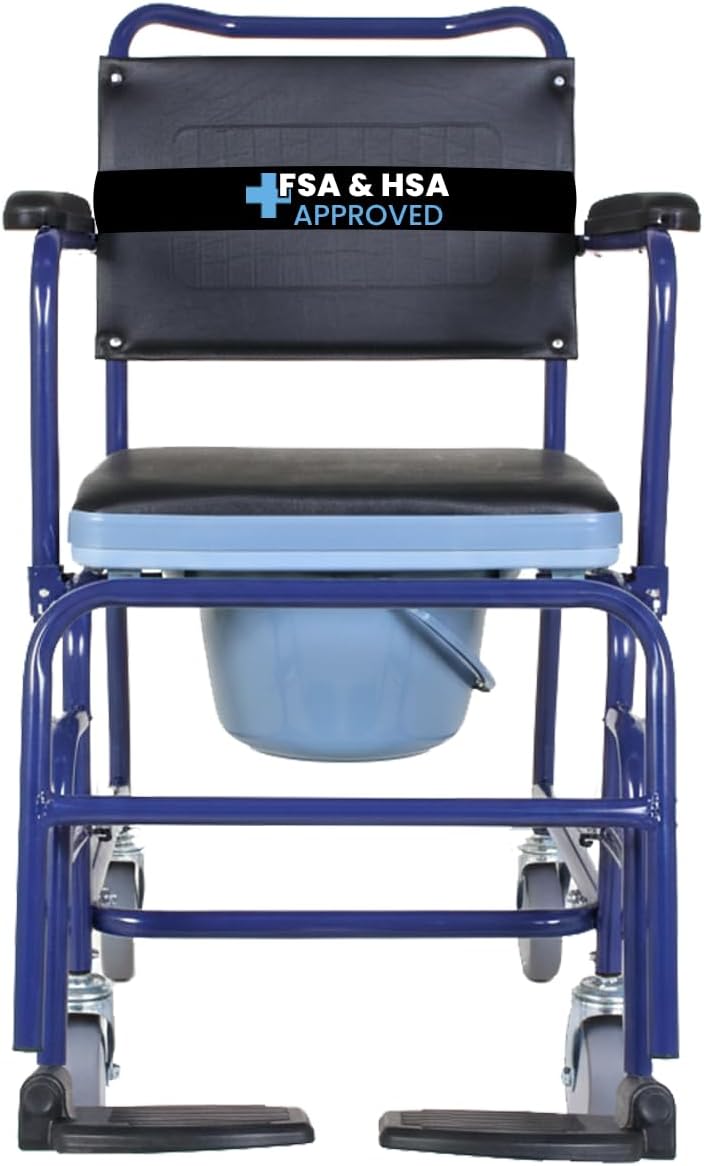 Steel Commode Wheelchair for Adults with Flip-Up Armrests, Padded PVC Seat, 5” Wheels with Brakes, Removable Bucket & Footrests