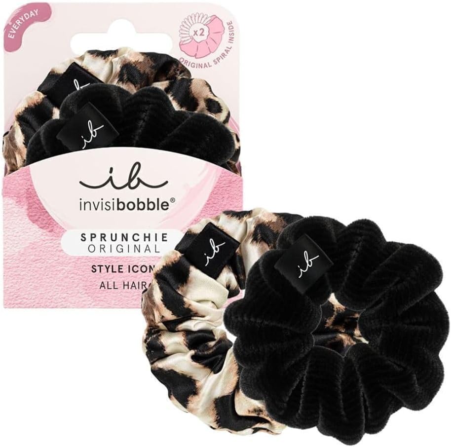 Invisibobble Girl Black and Leopard Sprunchie X2 Scrunchie - Fabric Scrunchie with Spiral Hair Band Inside - Hair Scrunchies for Women and Men Comfortable