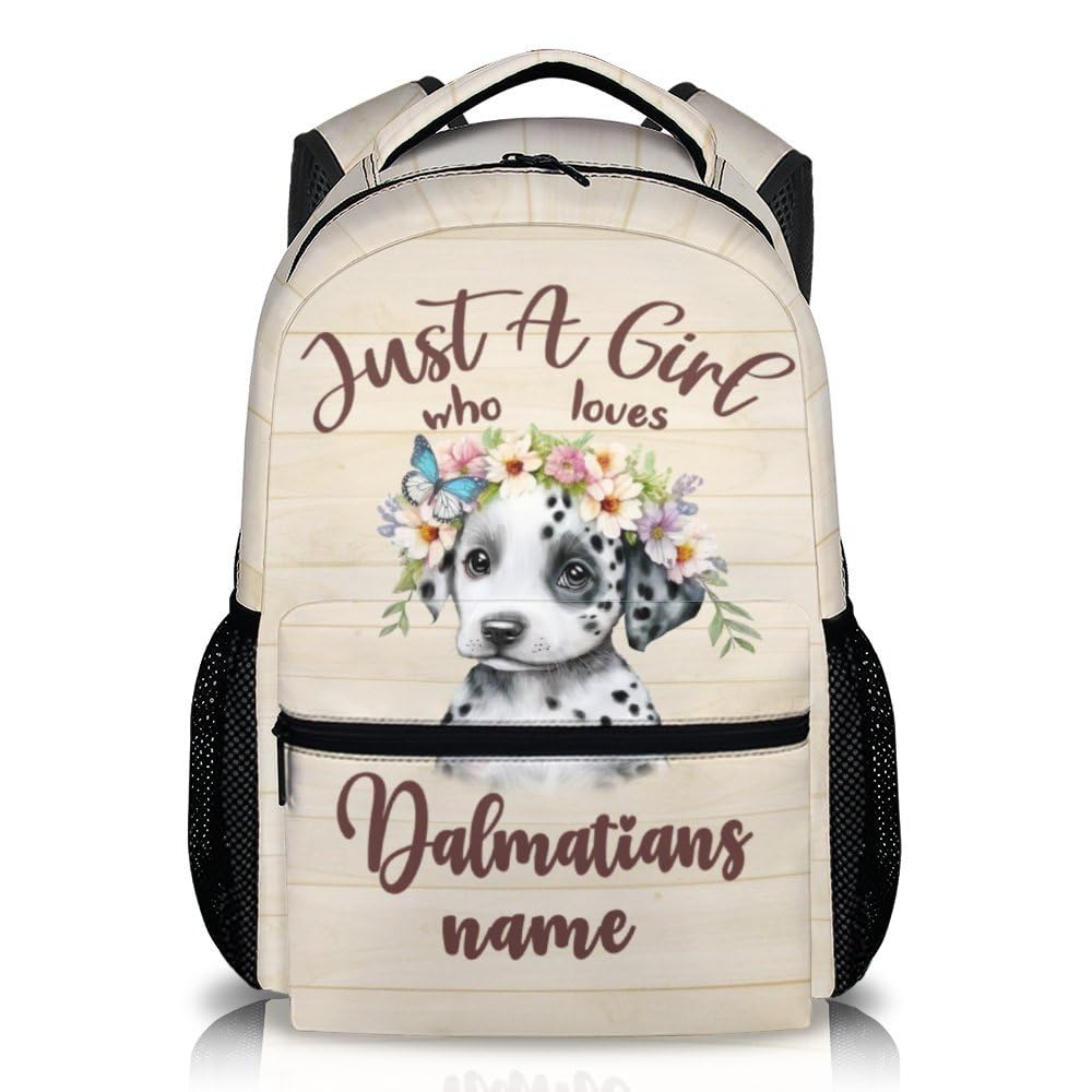 PAKKITOP Personalized Dog Backpack with Name Text, 17" Cute Dalmatian Backpack for Kids Girls Women, Custom Lightweight Bookbag for School Travel,