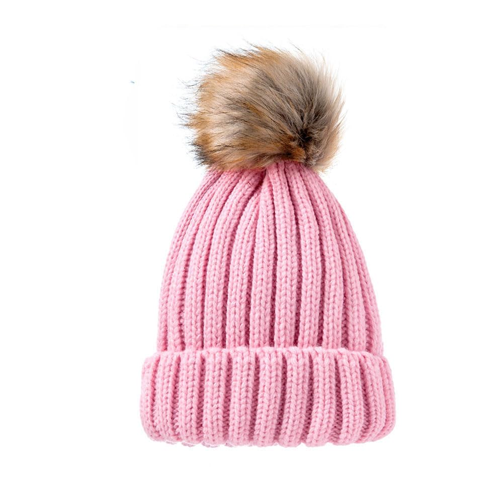 Van Der Linn Adult Kids Knitted Winter Warm Beanie Fur Bobble Woolly Pom Pom Hat (Adults, Pink)