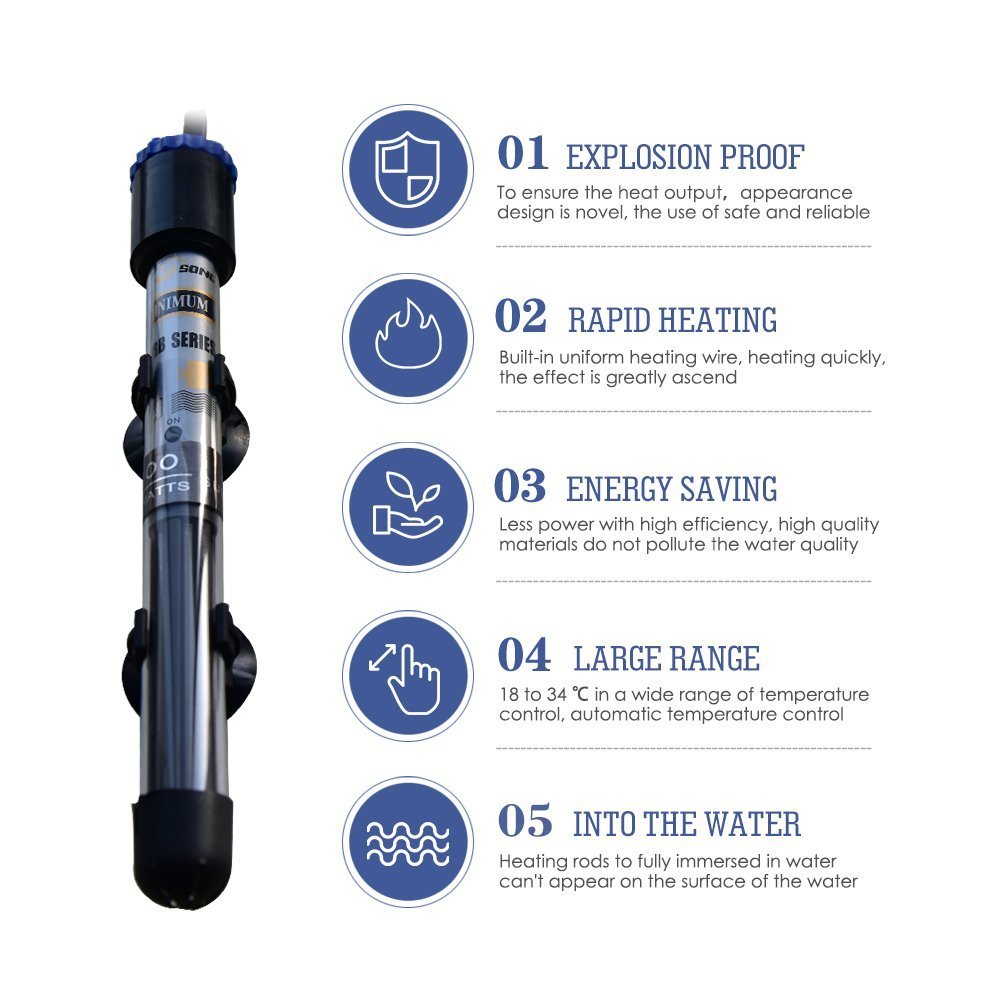 Diagram illustrating key features of the SunSun Aquarium Heater: Explosion Proof, Rapid Heating, Energy Saving, Large Temperature Range, and Fully Submersible design.