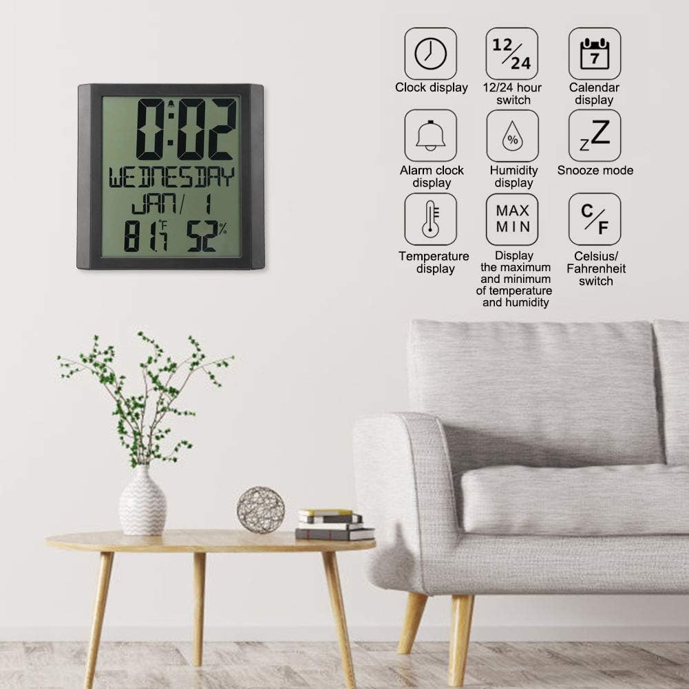 Digital Wall Clock with Temperature and Humidity Display Multifunctional Alarm Clock with Snooze Mode 7.9 x 1.1 x 7.9in Humidity 20%-95% Temperature -1℃-48℃ (30.2℉-118.4℉)