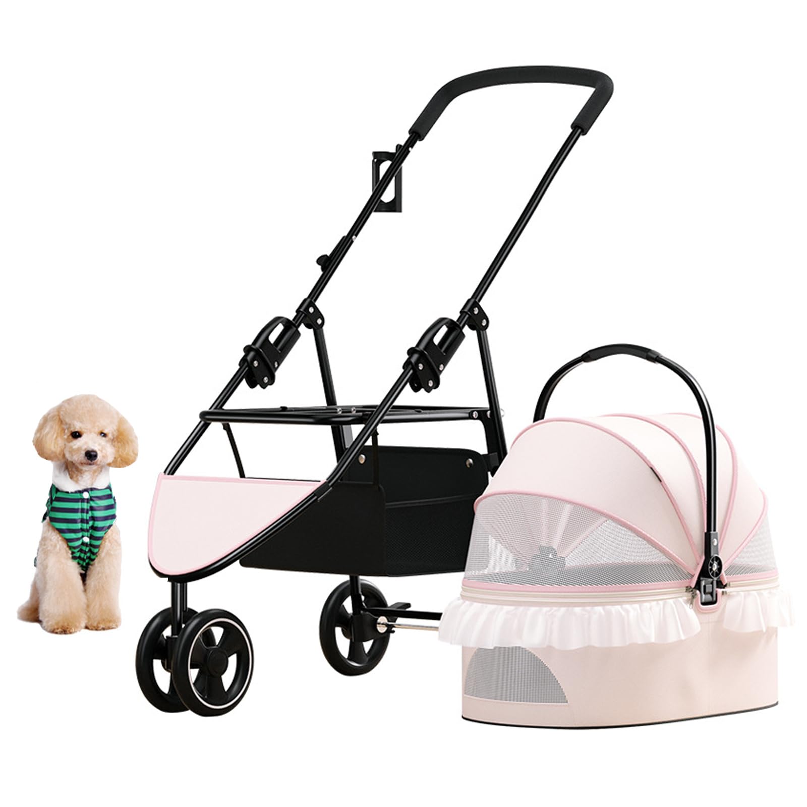 PJDDP Cochecito De Mascotas Plegable 3 En 1 Cochecito 3 Ruedas Gato Carrito para Perros Pequeños Buggy Puppies con Cesta De Almacenamiento Incluye Rueda Delantera Giratoria 360 Grados,Rosado