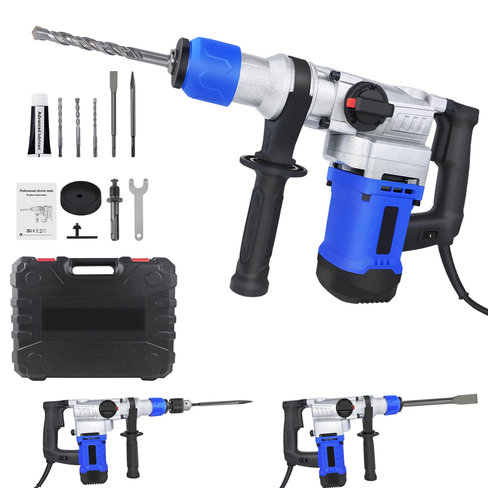 Jack Hammer for Concrete, 1500W Upgrade Brushless Rotary Hammer Drill, Heavy Duty Jack Hammers with 360° Auxiliary Handle, Adjustable Speed, 4 Functions, Concrete Breaker