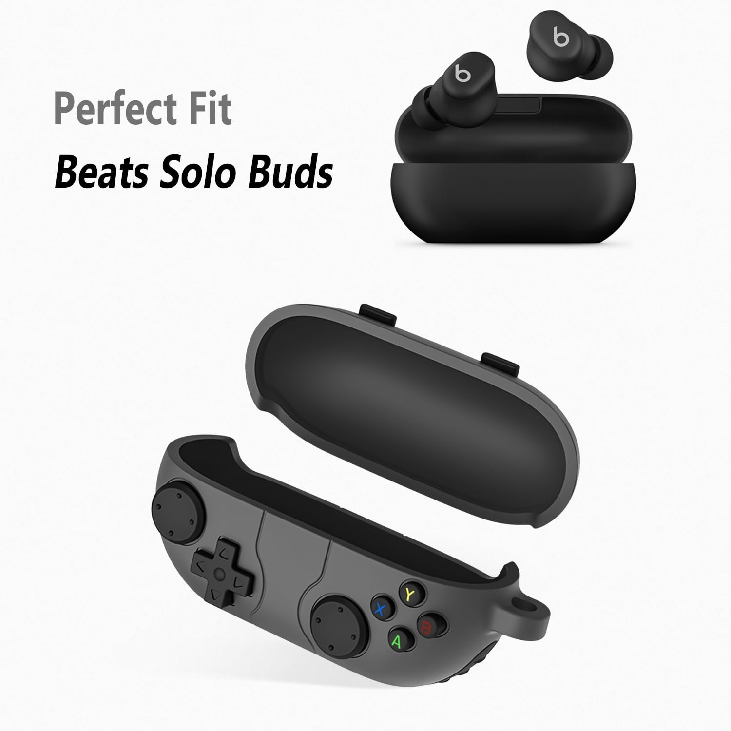 Geiomoo Silicone Case for Beats Solo Buds, Funny Cartoon Game Design Protective Cover with Carabiner (Dark Gray)
