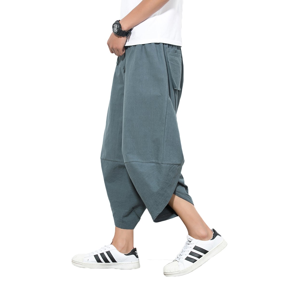 INVACHI Men's Harem Capri Pants Elastic Waist Loose Fit Drawstring Beach Yoga Trousers with Pockets