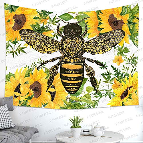 F-Fun Soul Hippie Bee Tapestry, Large 80X60Inches Soft Flannel, Sunflower Watercolor Art Tapestries Wall Hanging For Children Bedroom Living Room Decor Party Banner Gtzyfs238 #TOP1