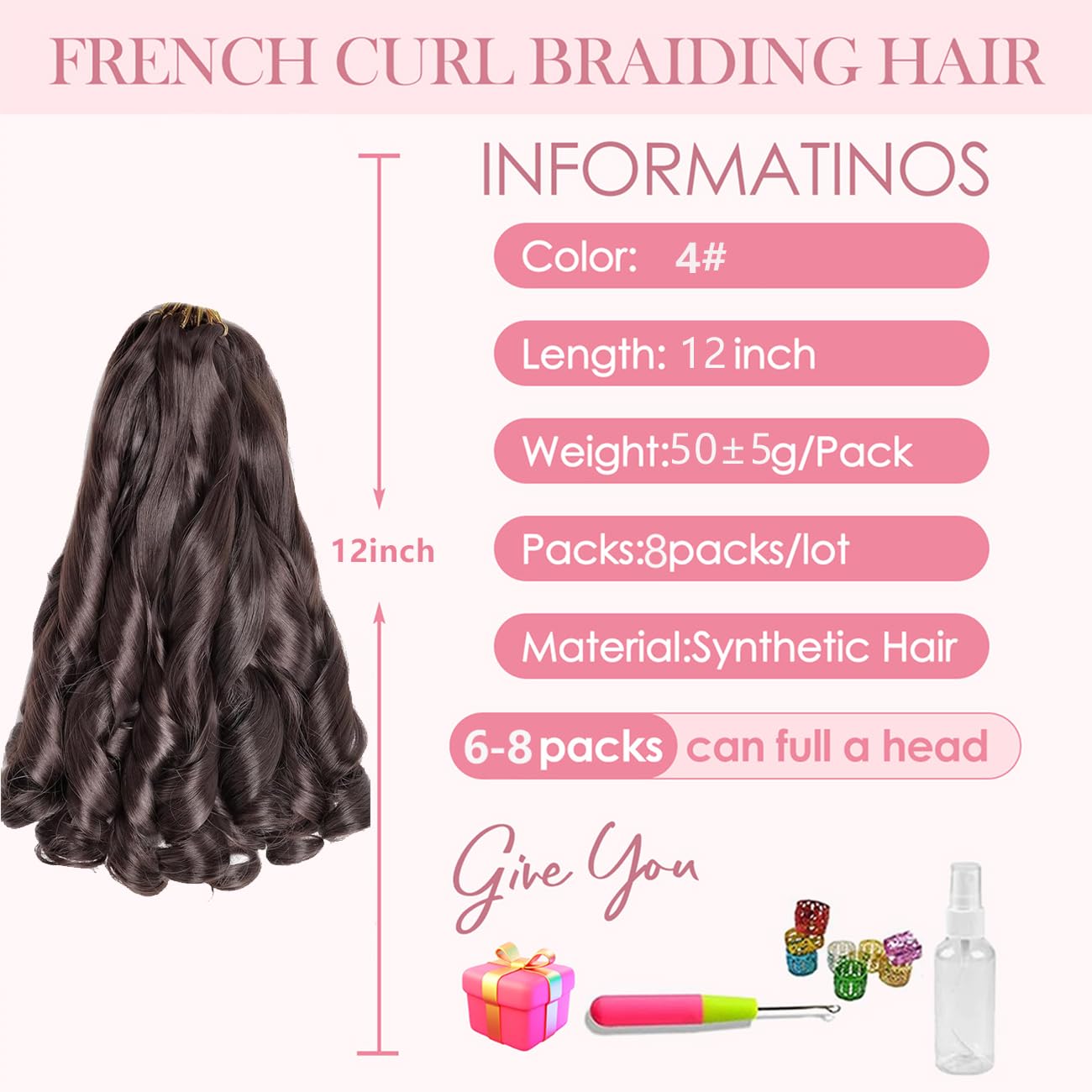 French Curl Braiding Hair 12 Inch 8 Packs Pre Stretched Loose Wave Bouncy Braiding Hair Spanish Curly Ends Synthetic Hair Extensions for Braiding(4#) - Image 2