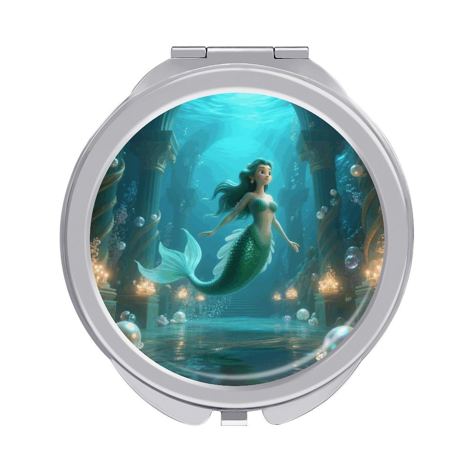 VstaDank Mermaid in Underwater Palace Makeup Mirror Beautiful Compact Makeup Mirror Silver Mirrors Surface Folding Makeups Lightweight Travel Makeups Mirrors for Suitable Handbag and Purses