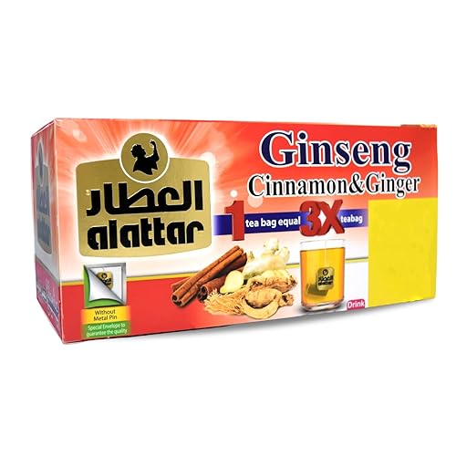 AlAttar Bebida natural Ginseng Canela y Jengibre Bolsas de té de hierbas Hierbas No OGM Sin aditivos Sin colorantes artificiales Kosher Halal (20
