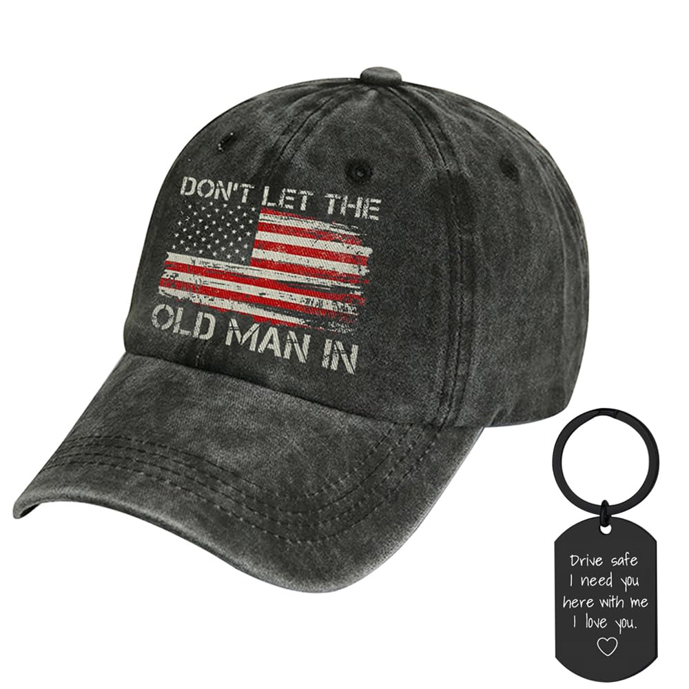 Cessfle Funny Dad Gifts for Fathers Day - Dont Let The Old Man in Hat, Country Music Hats American Flag with Drive Safe Keychain, from Daughter Wife Mens Gifts Ideas Black…, Black Set, M-L