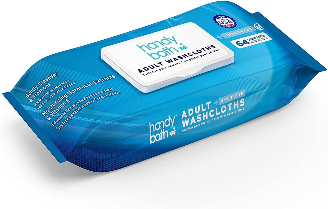 Handybath Adult Washcloths Scented, Extra Large Cleaning Wipes with Aloe Vera & Chamomile, 64 Wipes - Senior Care, Outdoor Activities, Travel Essentials