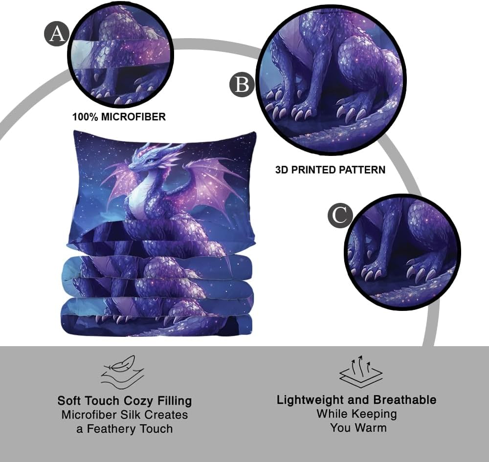 Customized Purple Dragon Bedding Set - Twin Comforter for Teens and Adults Bedroom Decor - Cute Quilt With Loving Dragon Theme