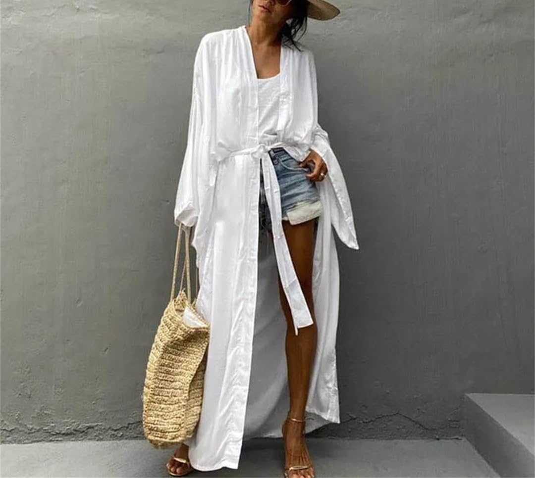 Kimono de plage uni avec ceinture pour femme, 1, taille unique