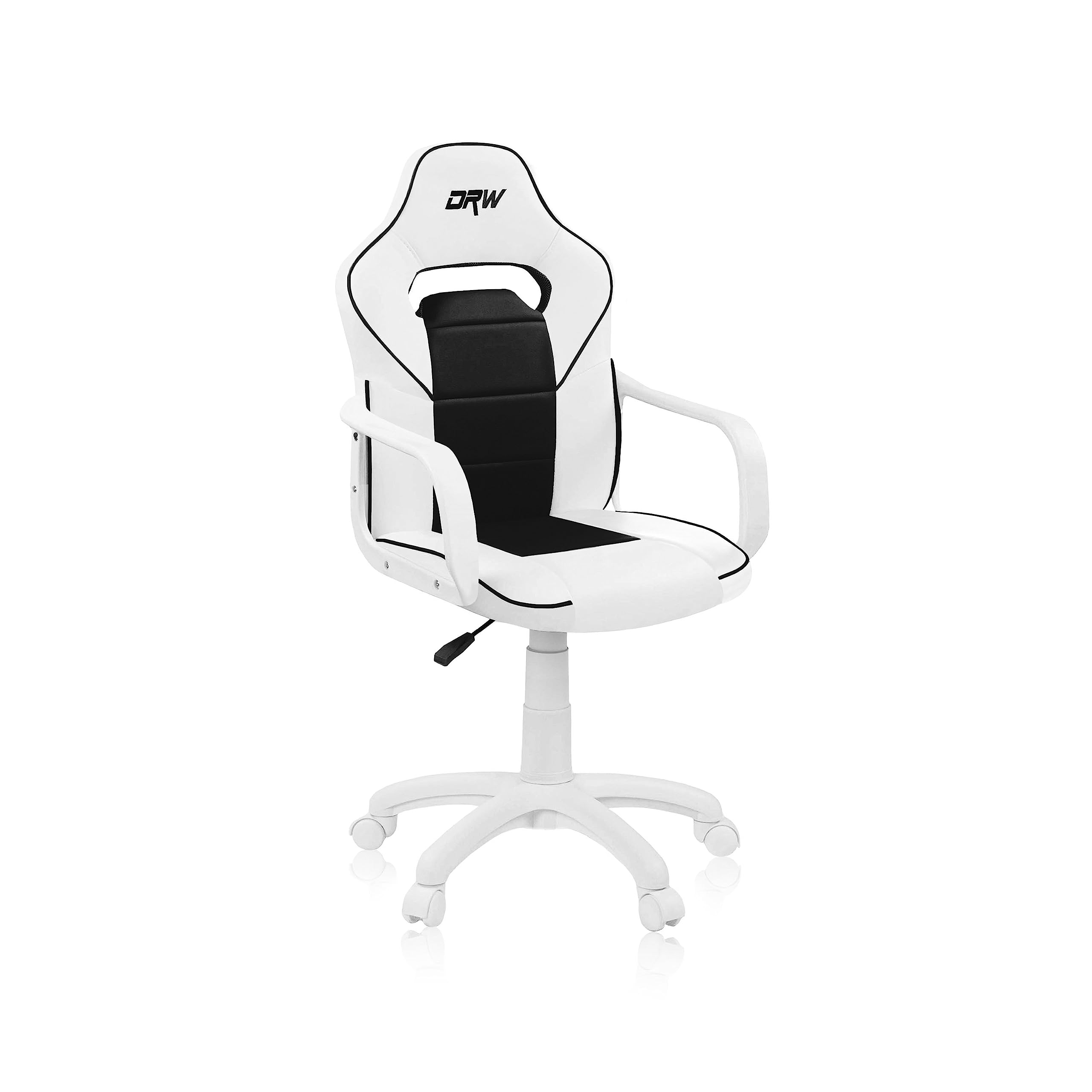 duehome | DRW, Silla Gamer, Silla de Oficina Gaming Estudio o Escritorio, Acabado en Símil Piel Blanco y Negro, Medidas: 46,5 cm (Ancho) x 46 cm (Largo) x 98-109,5 cm (Alto)