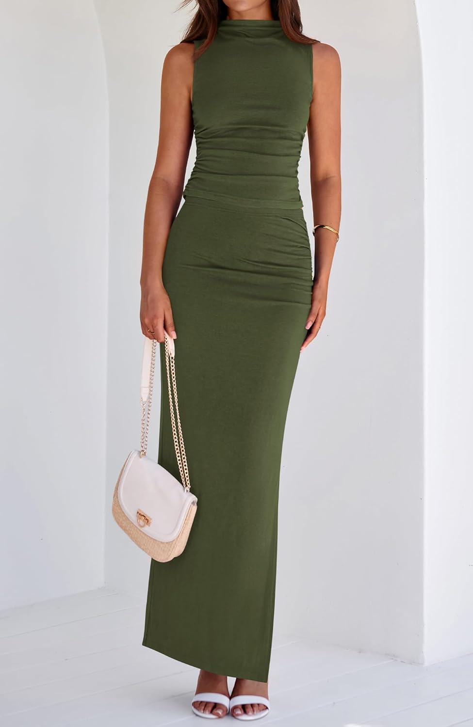 BTFBM Womens Two Piece Outfits Summer Lightweight 2026 Mock Neck Sleeveless Knit Tops Maxi Skirt Set Going Out Dress - Image 2