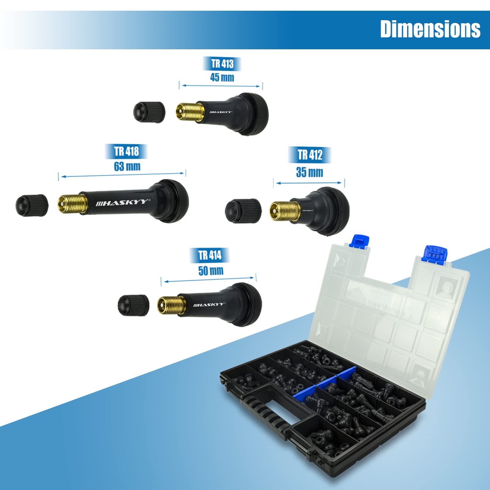 HASKYY 300 Autoventile Gummi Set 50x TR412, 100x TR413, 100x TR414, 50x TR418 I Snap-in-Pkw Gummi Ventil I Ventilkappe Reifen Ventilaufsatz