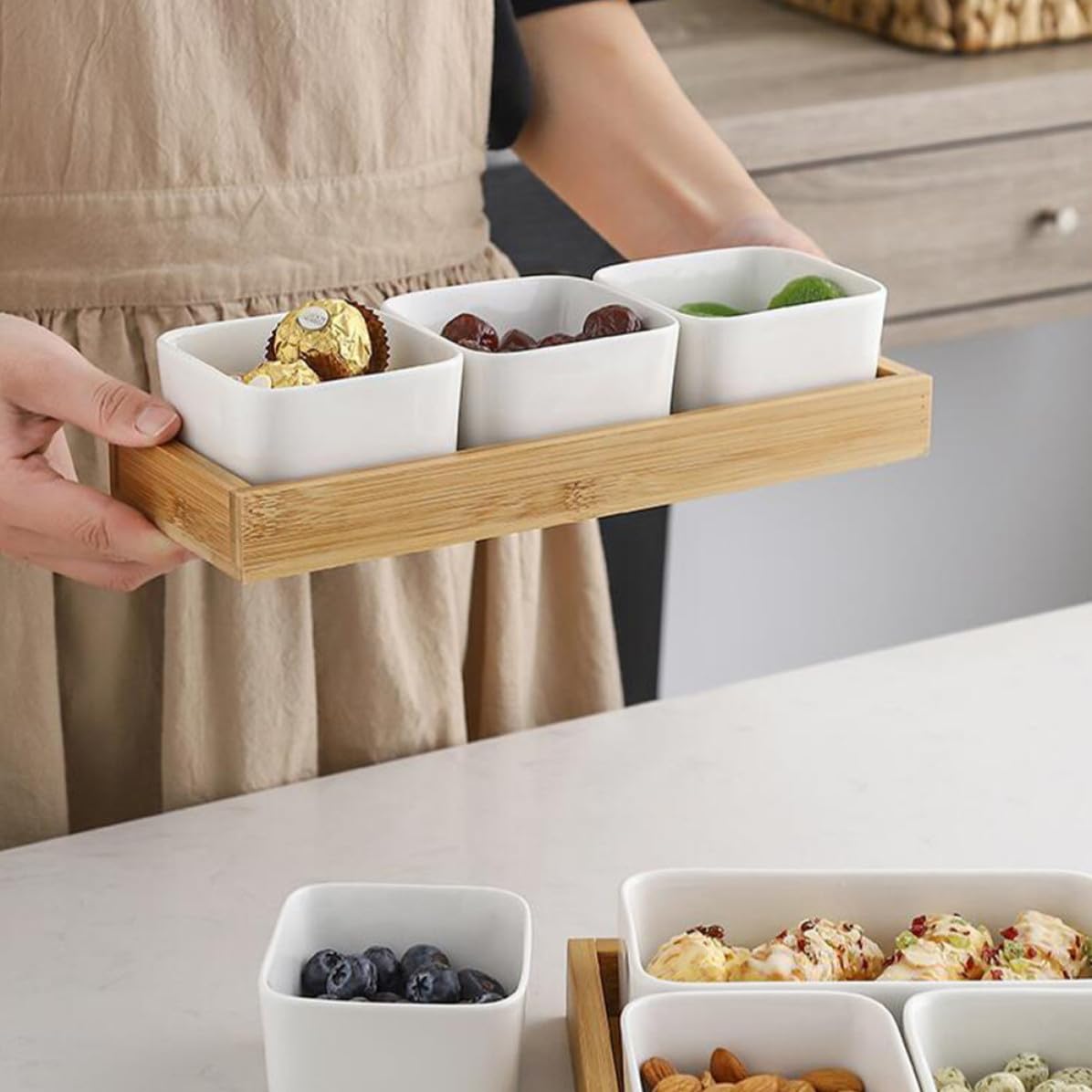Plateau à Condiments en Céramique Compartiments Divisés, Facile à Nettoyer et Portable, pour Garçon et Filles et Service Alimentaire à Domicile