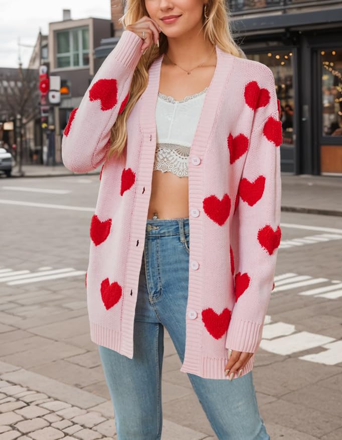 Image of Women Love Heart Graphic Oversized Sweaters Valentine Cute Cardigan Open Front Button Kawaii Preppy Aesthetic Clothes