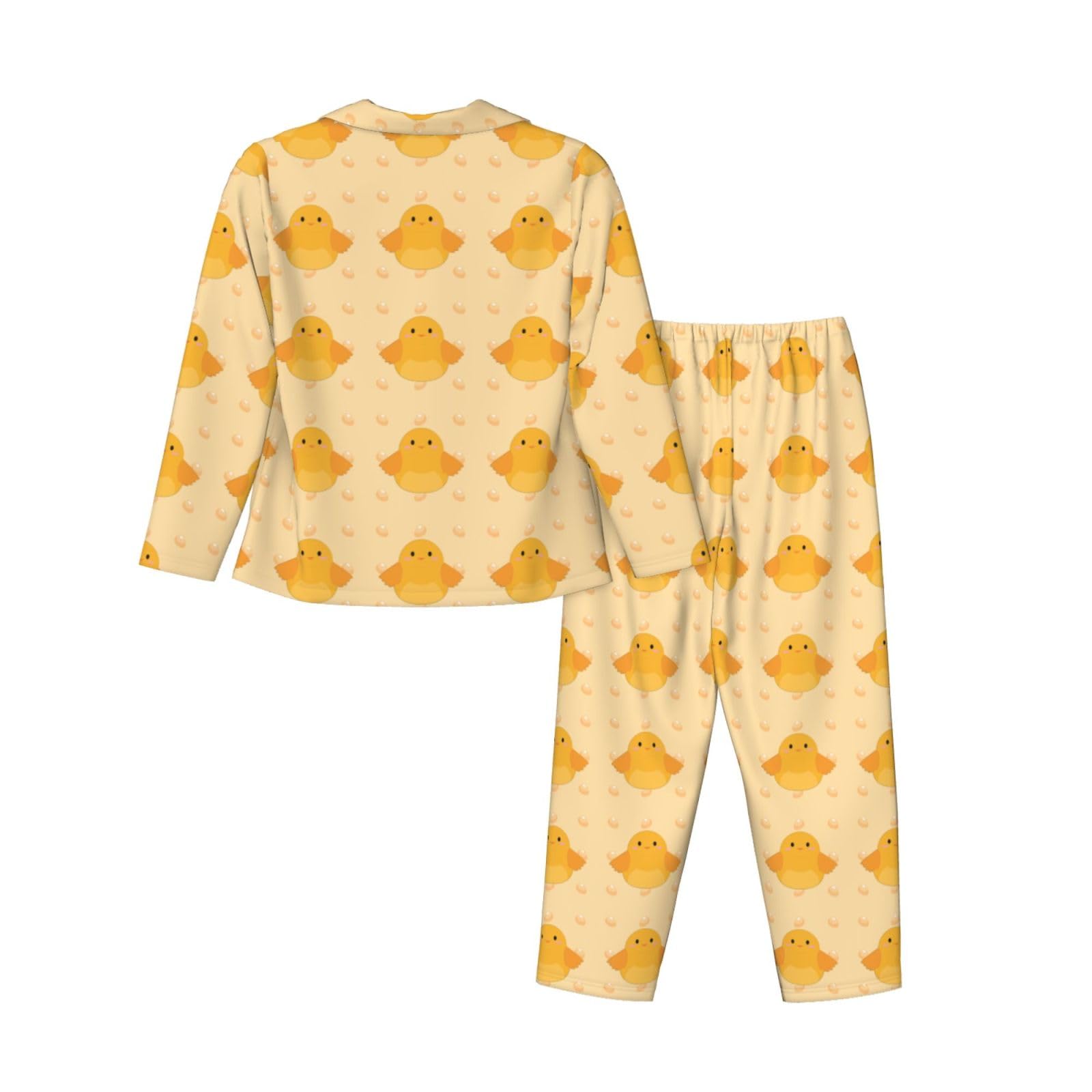 Pigiama da donna a maniche lunghe con stampa pulcino cartone animato a maniche lunghe abbottonato set disponibile in 5 taglie