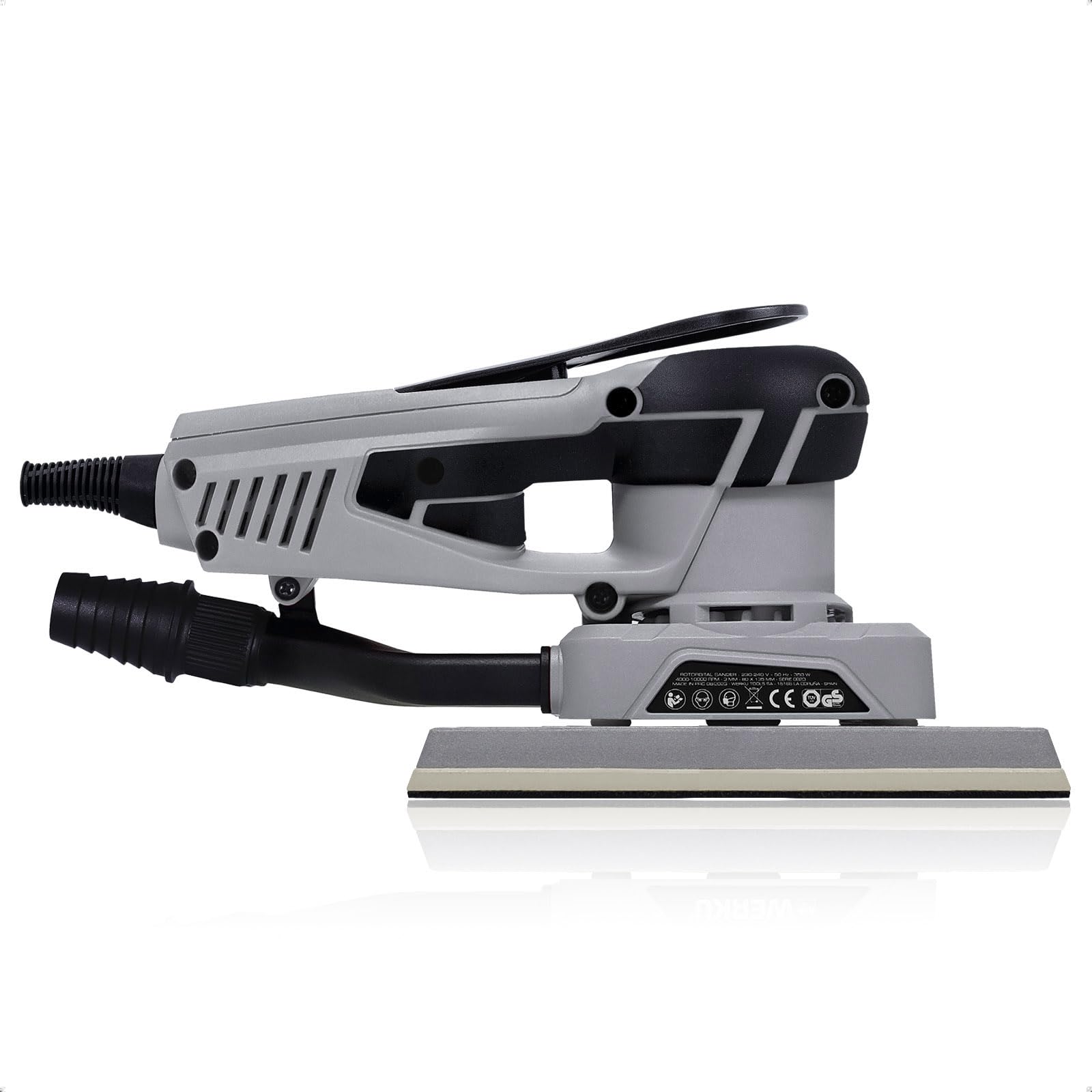 Werku WK401770, Lijadora Rectangular Rotorbital, Calidad Profesional, Motor Brushless, Potencia 350 W, Plato Base 70 x 195 mm, Órbita 2.5 mm, Incluye Hoja Lijado y Manguera Aspiración