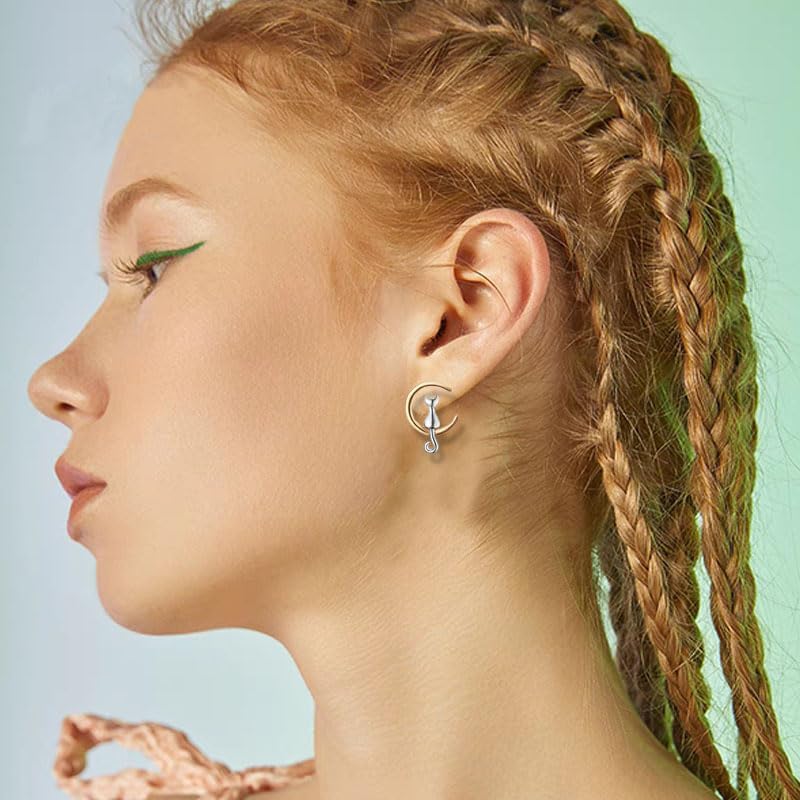 coadipress Cat Moon Earrings for Women Funny Cat Earrings Elegant Cat and Moon Stud Earrings Cute Animal Pet Earrings Cartoon Cat Cartilage Stud Earrings Jewelry Gifts - Image 2