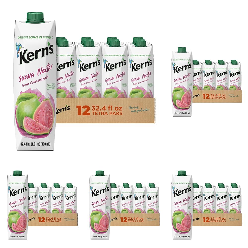 Kern’s Guava Juice Nectar - Guava Nectar Made with Fresh Fruit Puree - Tropical Fruit Juice Concentrate for Smoothie Mix, Cocktail Mixers, Kids Drinks & Mexican Beverages - 32.4oz, 60 Pack Carton