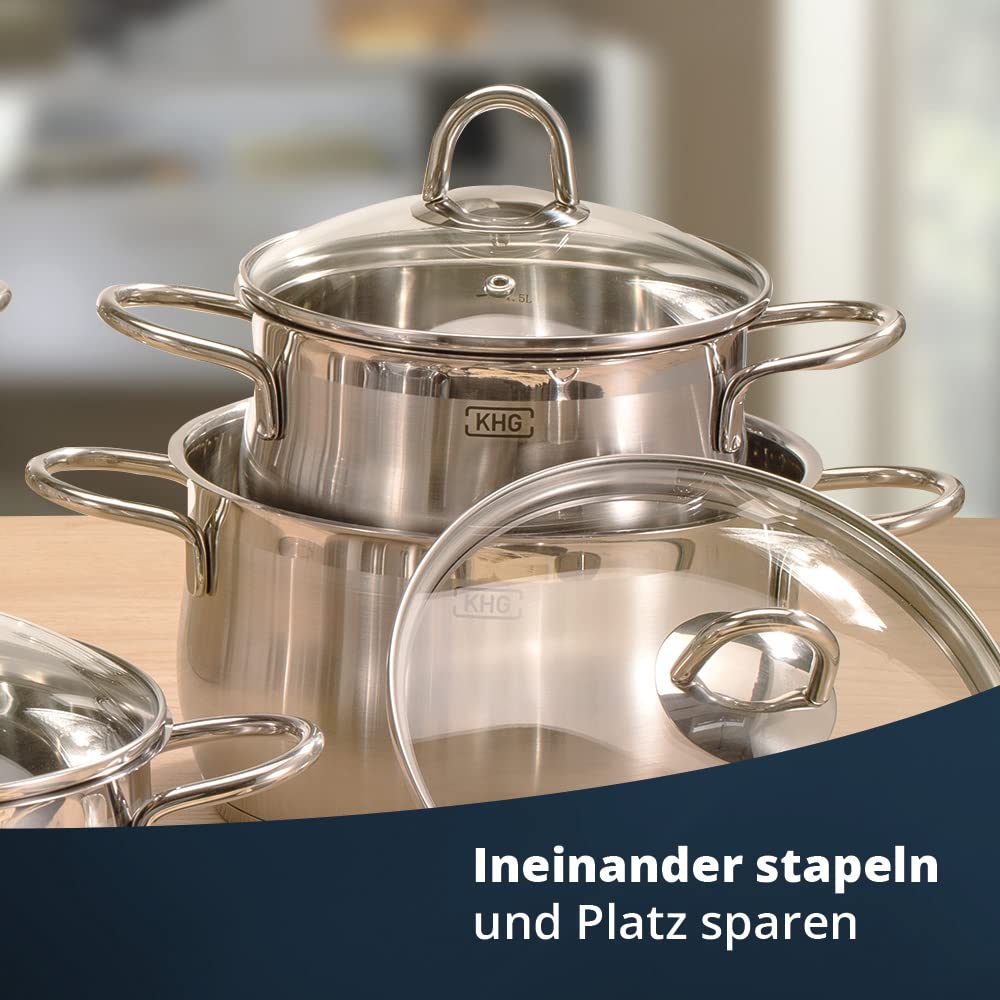 KHG Topfset Induktion aus rostfreiem Edelstahl | 5-teilig inklusive Glasdeckel mit Dampfloch | Kochtöpfe mit 1,5-5 Liter Fassungsvermögen und Innenskalierung