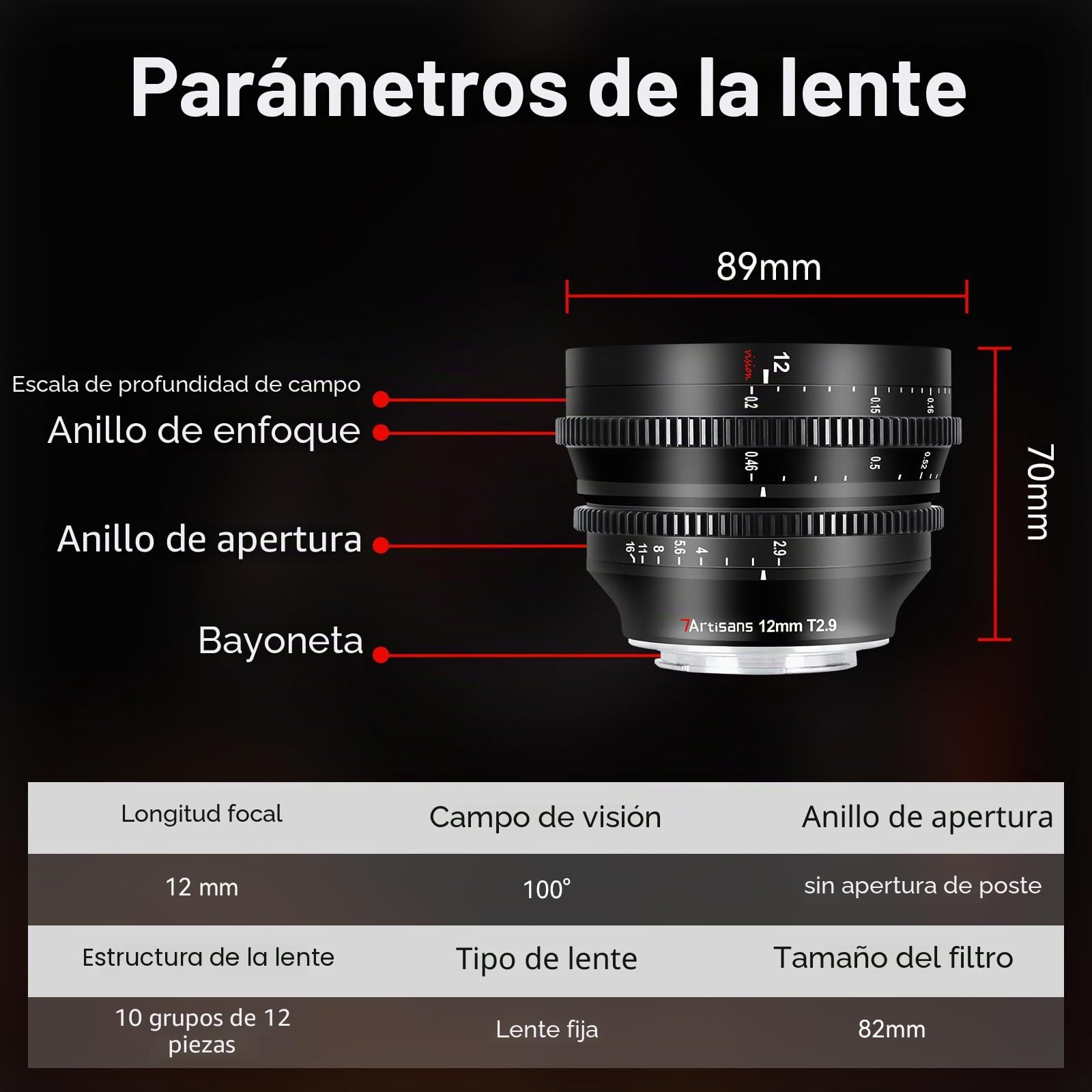 7Artisans - Lente de Cine APS-C de Gran Apertura T2.9 de 12 mm, Enfoque Fijo Manual, Lente de Cine de Baja distorsión Compatible con Fujifilm X-Mount, Color Negro