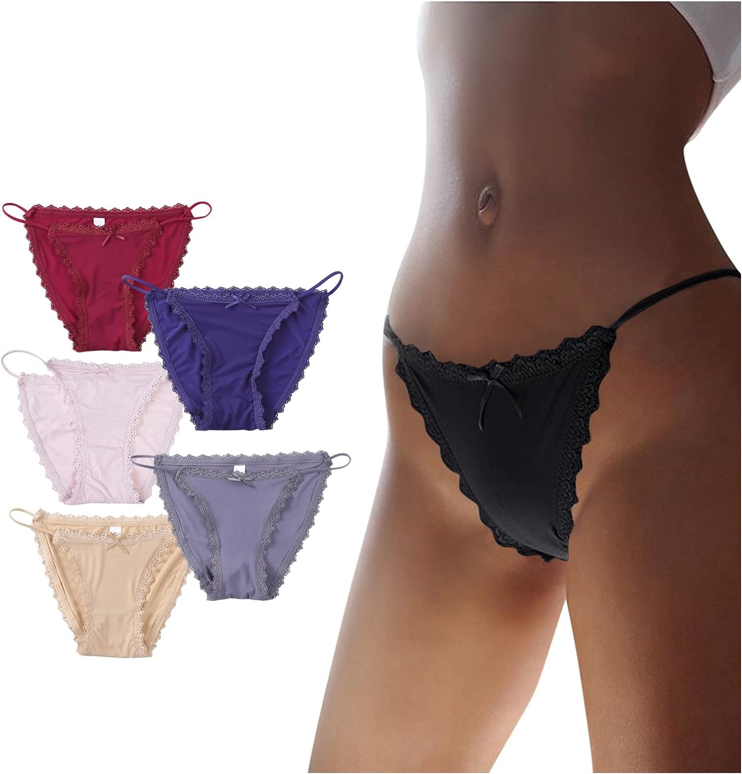 SandwindLace Ribbon Ice Waist Silk Sexy Seamless Five-piece Underwear Women's Low Intimates