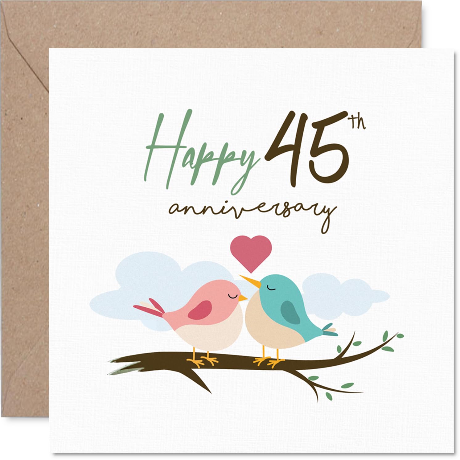 Sentimental 45th Anniversary Card - Sweet Little Lovebirds on a Branch - Soft Pinks and Blues Create a Charming 45th Anniversary Scene - 145mm Square, Envelope Included