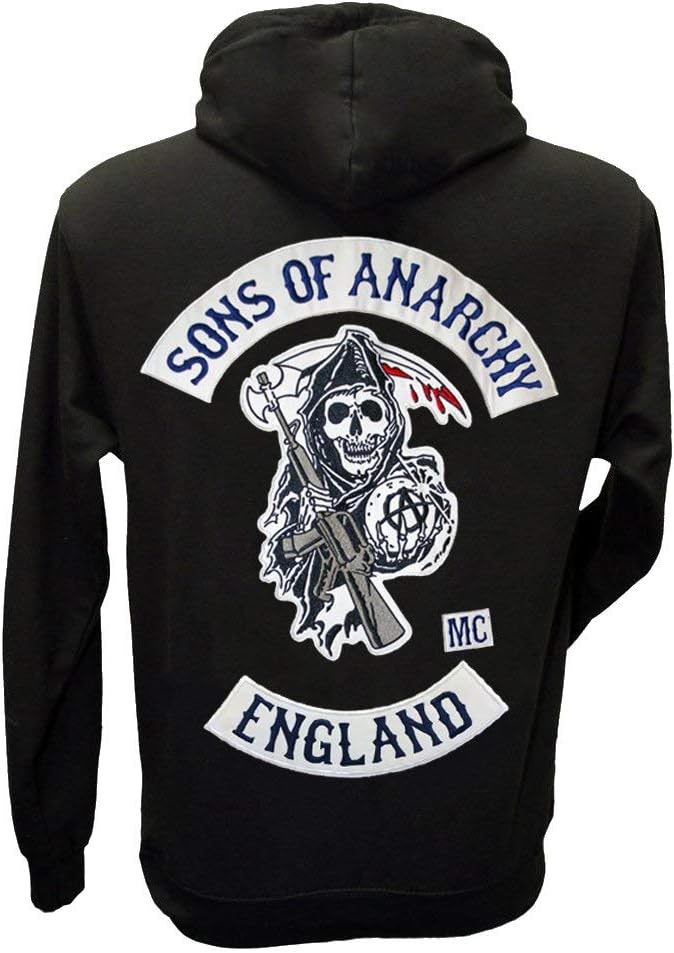 SOA Samcro England Charter Embroidered Patch Hoodie (S-2XL) Fully Screen Accurate Patches!! Redwood Original Jax Teller Reaper MC Cut