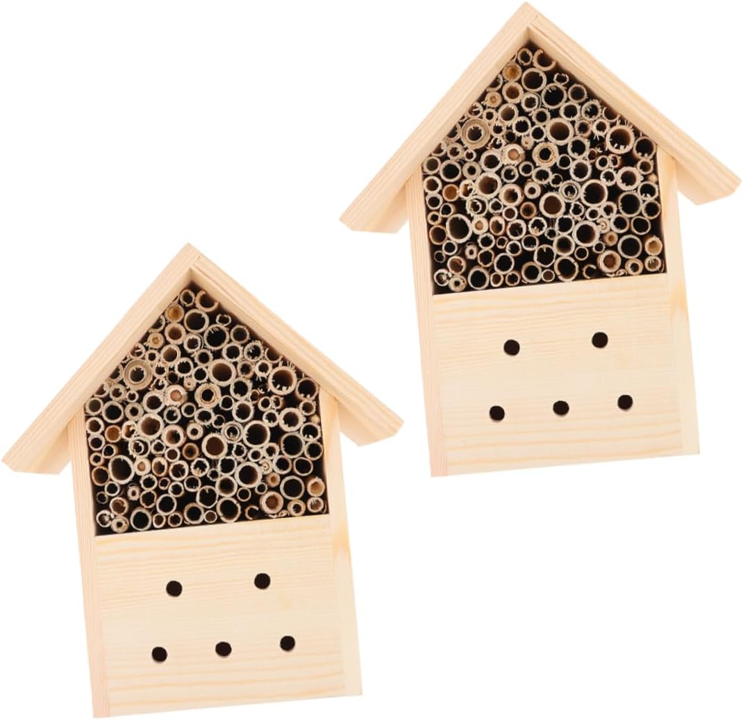 2pcs Wooden Bee House for Outdoor Insect Shelter Durable Natural Insect Hotel with Decorative Design Safe Habitat for Bees and Butterflies Your Garden
