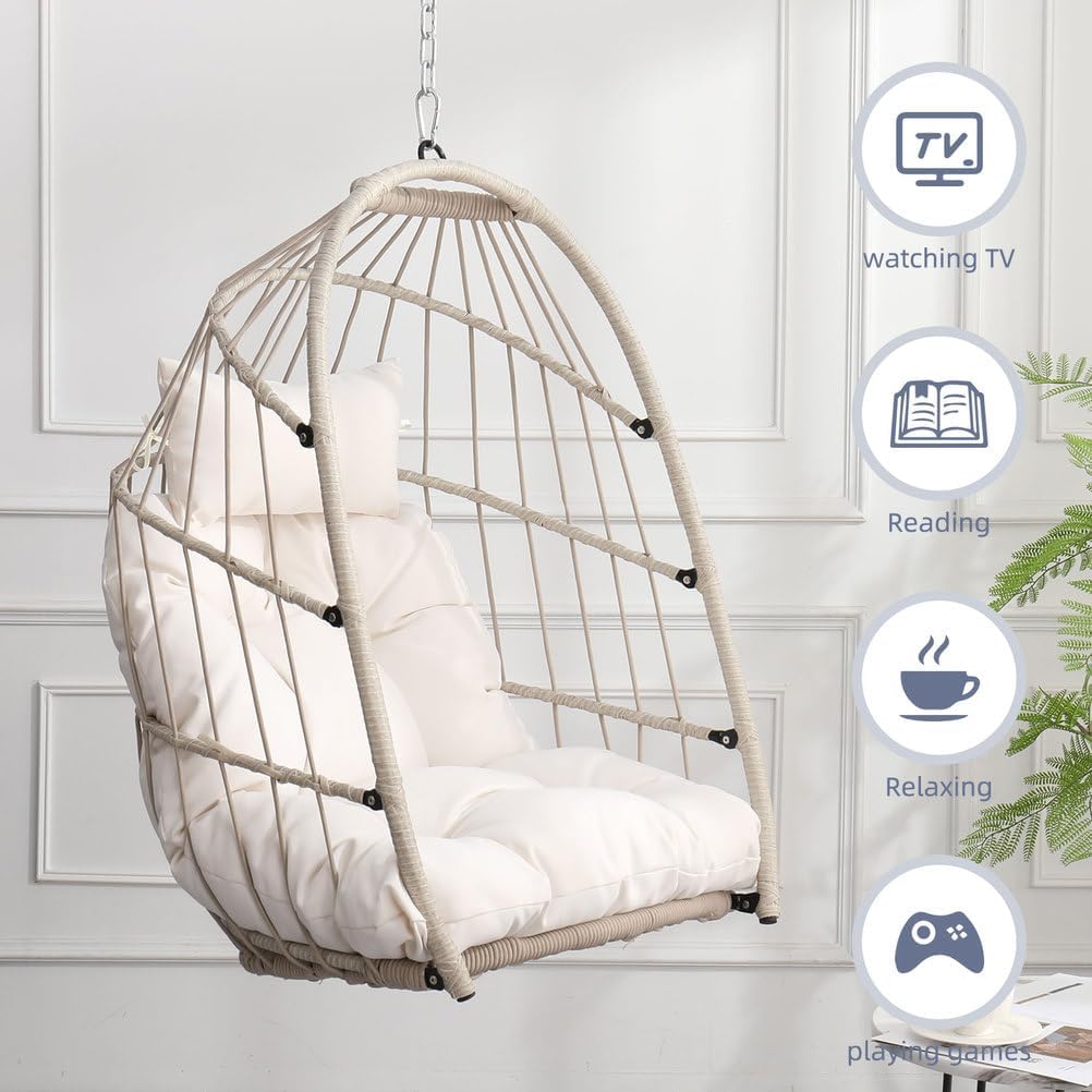 Hanging Egg Chair Without Stand – Foldable Rattan Wicker Swing Chair with Cushion & Headrest, 350lbs Capacity, Ceiling/Tree Mount Kit Included for Indoor Outdoor Use,White