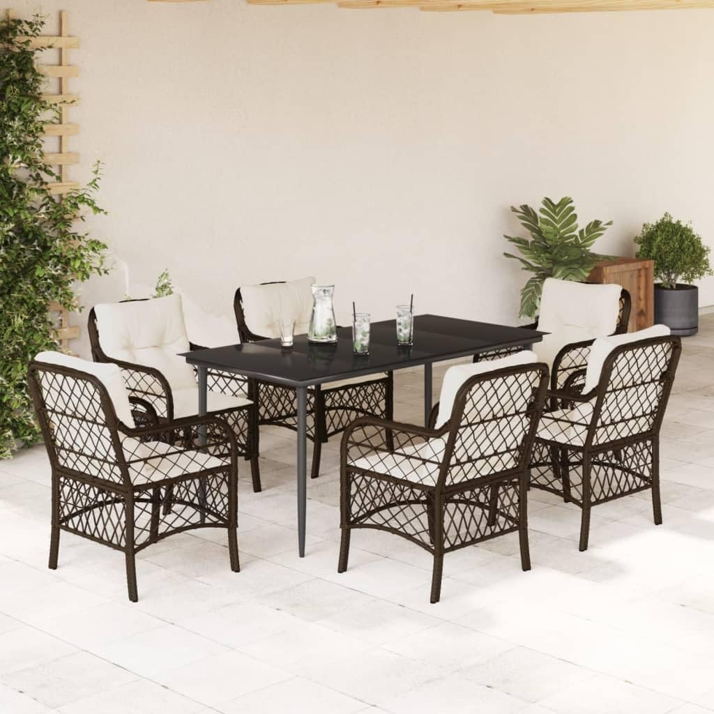 Set di mobili da giardino in polyrattan con cuscini, tavolo da pranzo con piano in vetro, poltrone da giardino con cuscini imbottiti spessi, rivestimenti rimovibili e lavabili