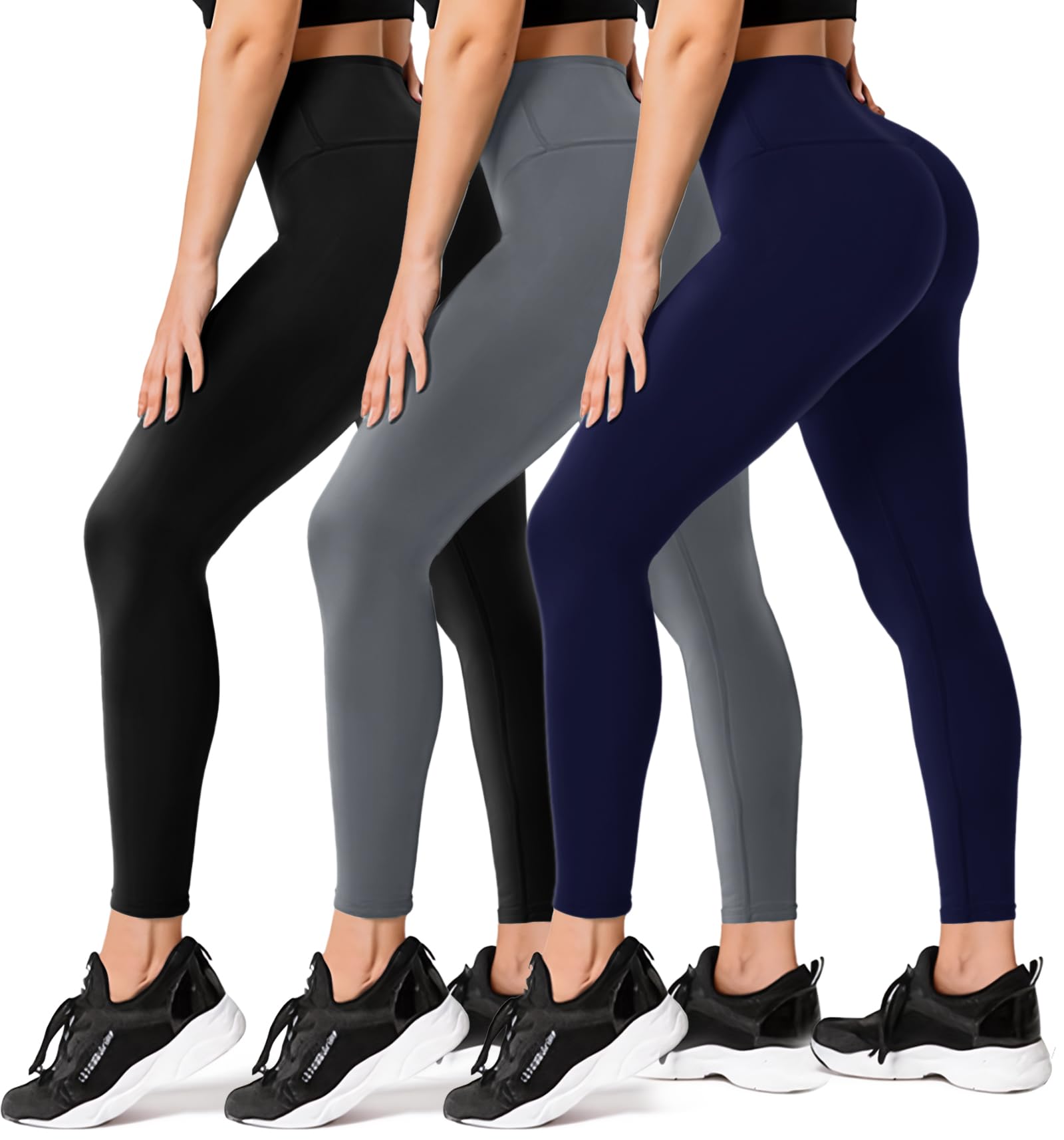 3 Pack Leggings for Women High Waisted Soft Black Yoga Pants for Workout Athletic Running Reg & Plus Size