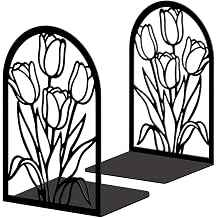 Peacoblue 5.3"x4.3"x7.9" Metal Bookends, Heavy Duty Book Ends for Shelves | Tulips Theme Cast Iron Book Supports, 1 Pair Decor Stoppers for Desk, Library, Office & Home Shelves
