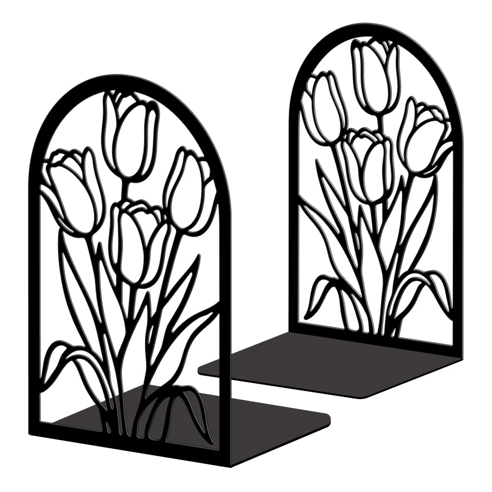Peacoblue Metal Bookends for Shelves, Modern Decorative Heavy Duty Study Book Ends Stoppers for Office, Desk, Shelf, Room 13.5x11x20CM Cast Iron Simple Tall Bookends 1 Pair (Tulips)
