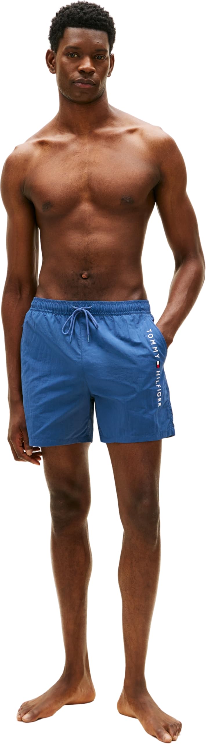 Tommy Hilfiger Męskie średnie kieszenie zapinane na zamek ze sznurkiem UM0UM03748 kąpielówki, niebieski (Morze Egejskie), S