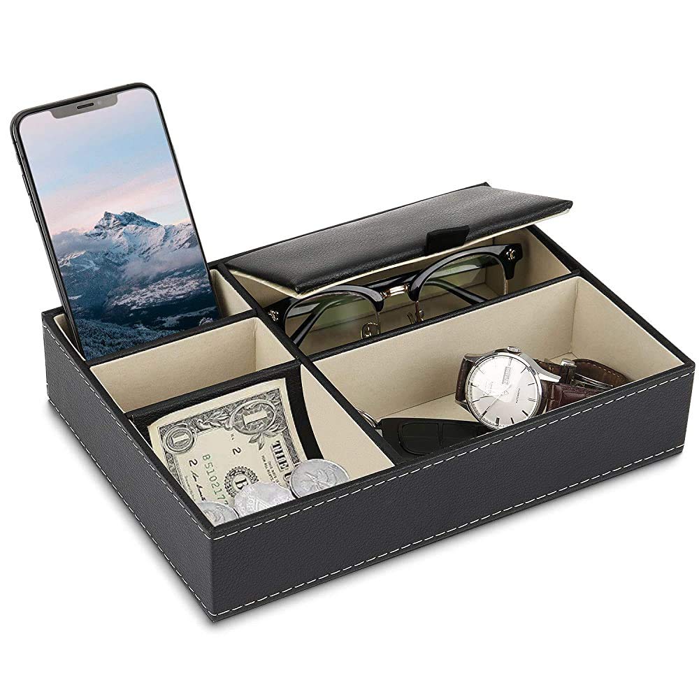 Svuotatasche in Pelle, Accessori Uomo Scrivania Organizer, 5 Scomparti Dresser Portafoglio da ufficio Storage Vassoio Box per Chiavi, Telefono, Portafoglio, Moneta
