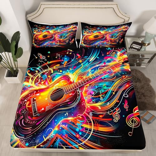 Colorful Guitar Fitted Sheet,Abstract Geometric Lines Musical Notes Bedding Set for Kids Teens Adults,Hip Hop Rock Music Theme Hippie Bed Cover with 2 Pillowcases(No Top Sheet),Queen Size 3 Pcs