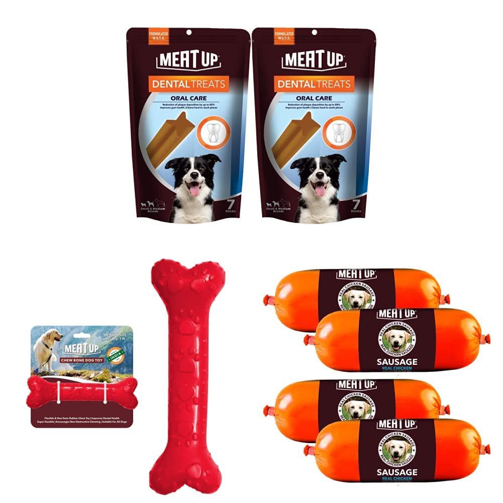 Meat Up Dental Treats, Oral Care Dog Treats- 7 Sticks(Buy 1 Get 1 Free) & Non-Toxic Rubber Dog Chew Bone to(Medium) - 5 inches & Real Chicken Sausage (Pack of 2), 150gm per Sausage (Buy 1 Get 1 Free) (B0BDS5RWDP) Amazon Price History, Amazon Price Tracker