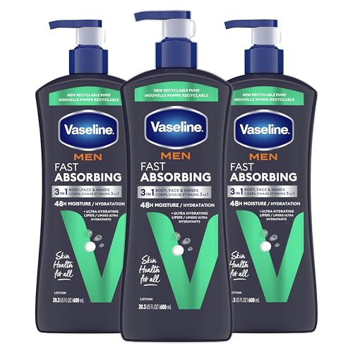 Vaseline Men’s Healing Moisture Hand & Body Lotion For Dry or Cracked Skin Fast Absorbing Non-Greasy Lotion for Men 20.3 oz, Pack of 3