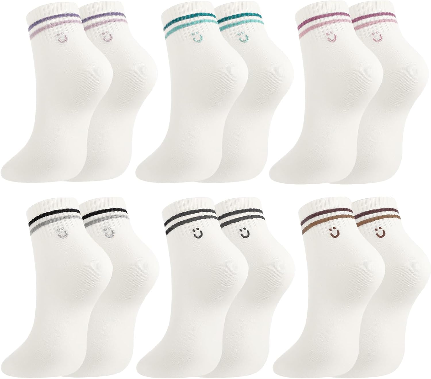Women's Stripe Ankle Socks with Smile Face - 6 Pairs Cute Cotton Low Cut Athletic Socks, Embroidered Pattern Breathable Casual Quarter Sock for women Girls US 5-8
