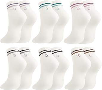 Womens Stripe Ankle Socks with Smile Face, 6 Pairs | Cute Low Cut Athletic Socks, Embroidered Pattern,Cotton Breathable, Casual Quarter Sock for women Girls US 5-8