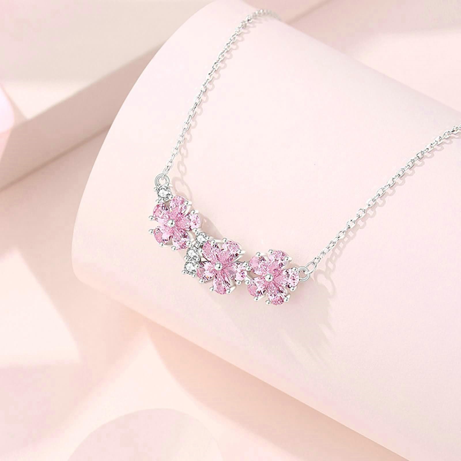 Collar de platino con colgante para mujer, colgante de flores con zafiro rosa y moissanita, collar de boda, cadena de oro blanco, 45 cm