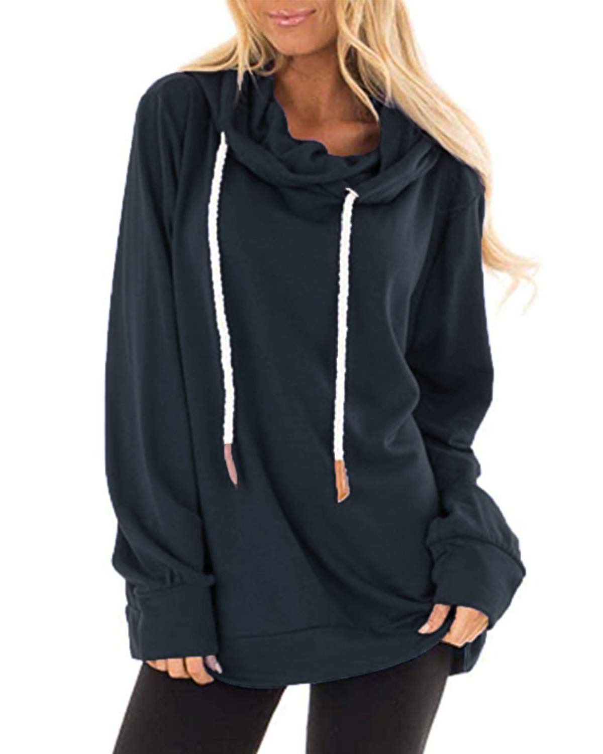 Auxo Women's Solid Long Sleeve Hoodies Casual Cowl Neck Drawstring Hooded Sweatshirt Oversized Pullover Tops